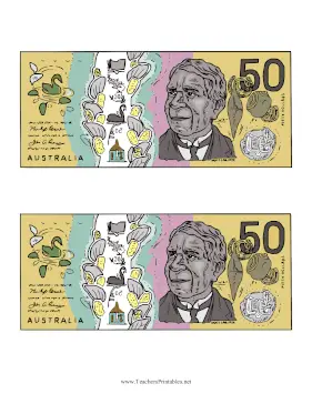 AUD Fifty Dollar Note Obverse Teachers Printable