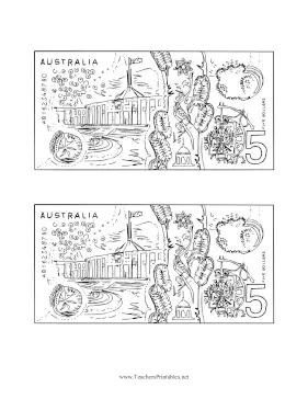 AUD Five Dollar Note Reverse Black and White Teachers Printable