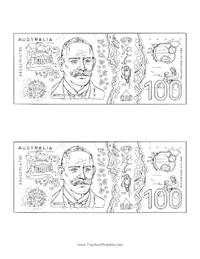 AUD Hundred Dollar Note Reverse Black and White Teachers Printable