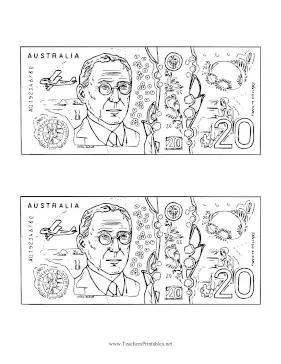 AUD Twenty Dollar Note Reverse Black and White Teachers Printable