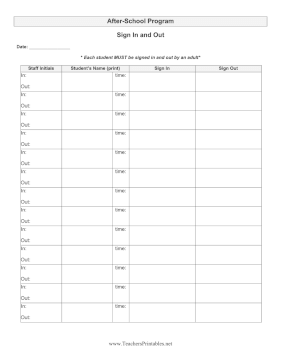After School Program Sign In Out Sheet Teachers Printable