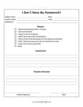 Homework Excuse Form Teachers Printable