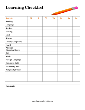 Learning Checklist Teachers Printable