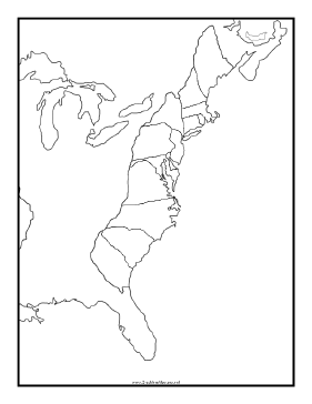 Blackline Map of Thirteen Colonies Teachers Printable