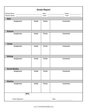 Report Card By Subject Teachers Printable