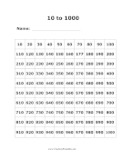 10 to 1000 Numbers Chart