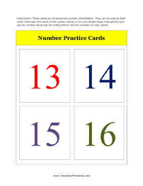 13 to 16 Number Flash Cards Teachers Printable