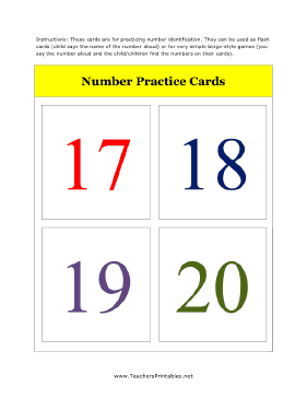 17 to 20 Number Flash Cards Teachers Printable