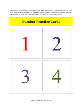 1 to 4 Number Flash Cards Teachers Printable