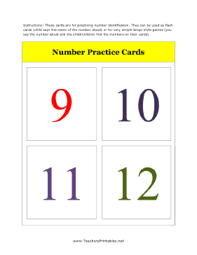 9 to 12 Number Flash Cards Teachers Printable
