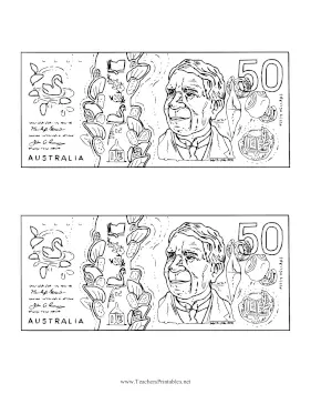 AUD Fifty Dollar Note Obverse Black and White Teachers Printable