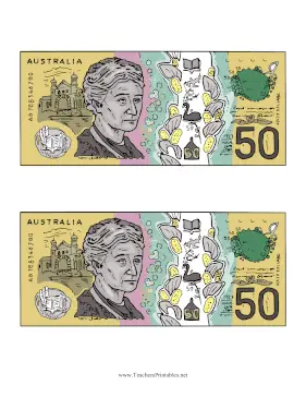 AUD Fifty Dollar Note Reverse Teachers Printable