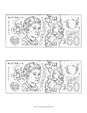 AUD Fifty Dollar Note Reverse Black and White Teachers Printable