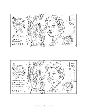AUD Five Dollar Note Obverse Black and White Teachers Printable