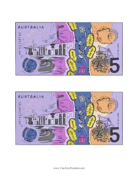 AUD Five Dollar Note Reverse Teachers Printable