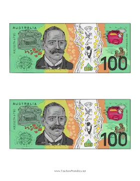 AUD Hundred Dollar Note Reverse Teachers Printable