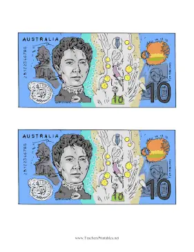 AUD Ten Dollar Note Reverse Teachers Printable