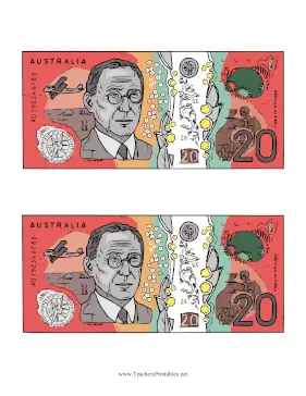 AUD Twenty Dollar Note Reverse Teachers Printable