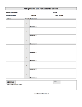 Assignments List For Absent Students Teachers Printable