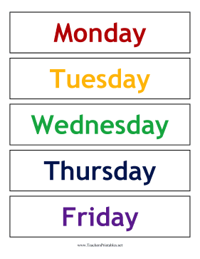 Calendar Weekdays Color Teachers Printable