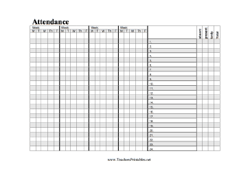 Class Attendance Paper — Month, Horizontal Teachers Printable