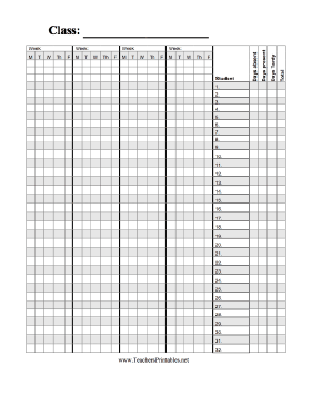 Class Attendance Paper — Month, Vertical Teachers Printable