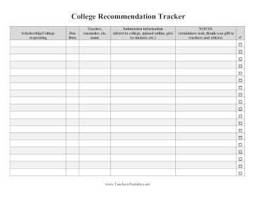 College Letter Of Recommendation Tracker Teachers Printable
