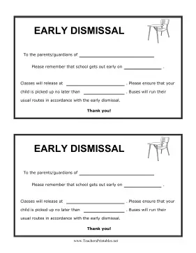 Early Dismissal Reminder Teachers Printable
