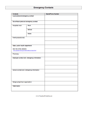 Emergency Contacts Form Teachers Printable