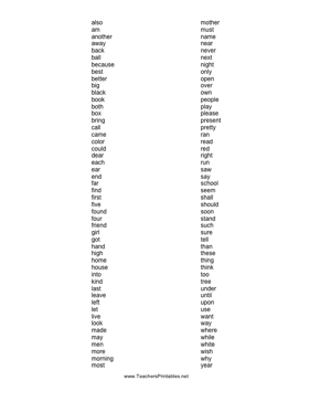 Second 100 Frys Sight Words Teachers Printable