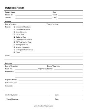 Full-Page Detention Form Teachers Printable