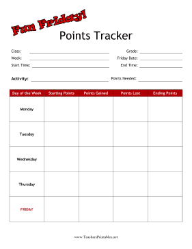 Fun Friday Points Tracker Teachers Printable