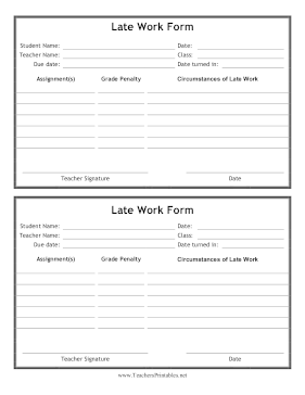 Late Work Form Teachers Printable