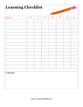Blank Learning Checklist Teachers Printable