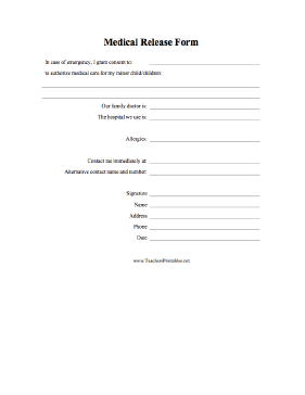 Medical Release Form Teachers Printable