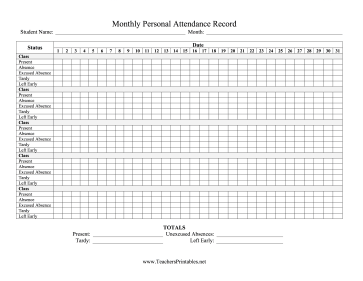 Monthly Personal Attendance Record Multiple Classes Teachers Printable