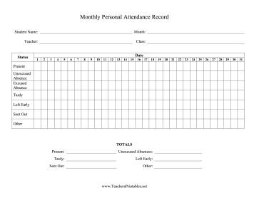 Monthly Personal Attendance Record One Class Teachers Printable