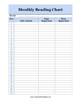 Monthly Reading Chart Teachers Printable