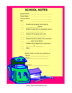 Note to School Fill In Teachers Printable