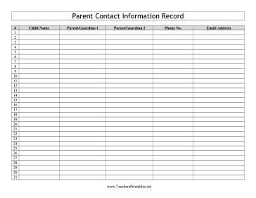 Parent Contact Information Record Teachers Printable