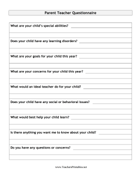 Parent Teacher Questionnaire Teachers Printable