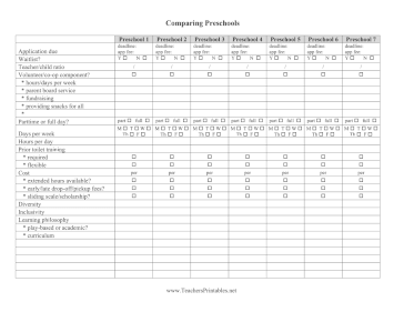Preschool Comparison Chart Teachers Printable