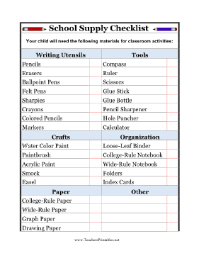 School Supply Checklist Teachers Printable