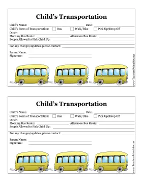 School Transportation Form Teachers Printable