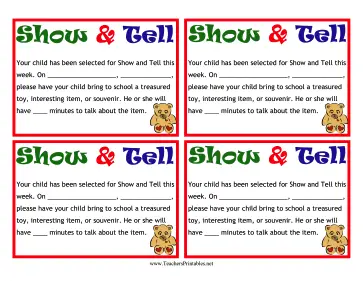 Show-and-Tell Notes Teachers Printable