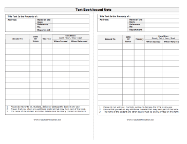 Text Book Issue Note Teachers Printable