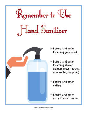 Use Hand Sanitizer Sign Teachers Printable