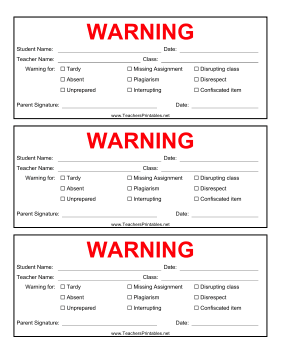 Warning Slip Teachers Printable