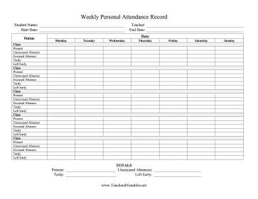 Weekly Personal Attendance Record Multiple Classes Teachers Printable
