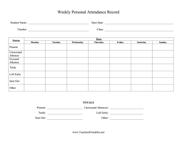 Weekly Personal Attendance Record One Class Teachers Printable
